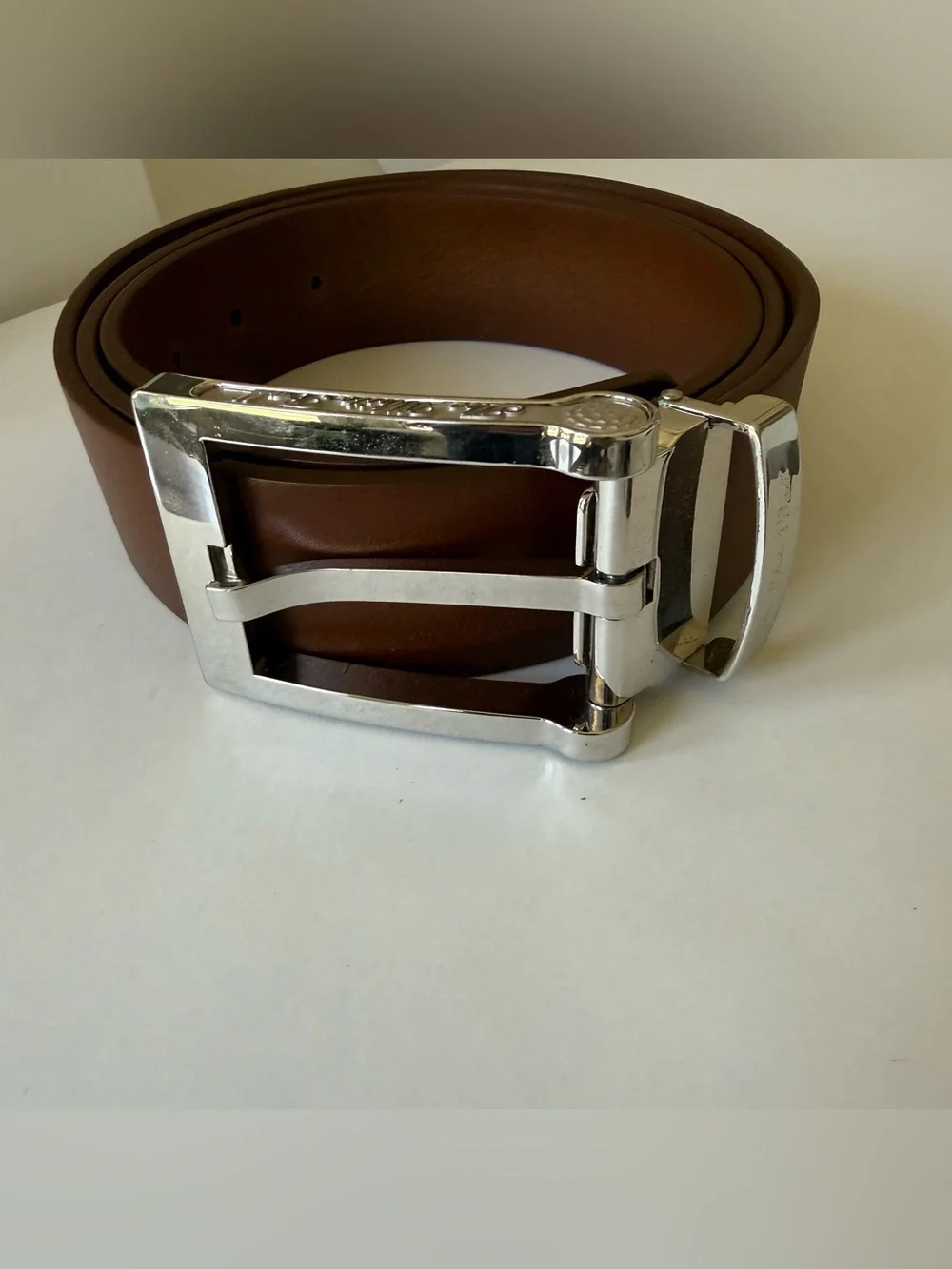 The White Ball Belt Brown Italian Leather with Silver Tone Hardware Size 42